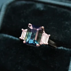 18ct Yellow and White Gold Teal/Parti Sapphire and Tapered Baguette Diamond 3 Stone Ring