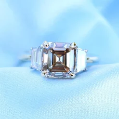 18ct Yellow and White Gold Asscher Champagne Diamond 3 Stone Ring