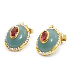 9ct Yellow Gold Amazonite, Tourmaline and Diamond Stud Earrings