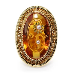 14ct Yellow Gold Amber and Pearl Large Cocktail Ring