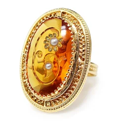 14ct Yellow Gold Amber and Pearl Large Cocktail Ring