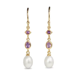 9ct Yellow Gold Amethyst and Pearl Drop Earrings