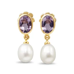 9ct Yellow Gold Amethyst and Pearl Earrings