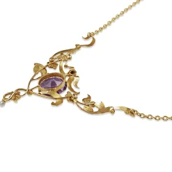 9ct Yellow Gold Amethyst and Pearl Antique Necklace