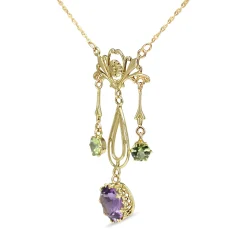 9ct Yellow Gold Amethyst and Peridot Deco Necklace