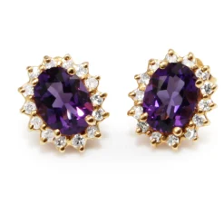 14ct Yellow Gold Amethyst and Diamond Halo Stud Earrings