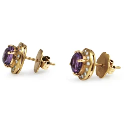 9ct Yellow Gold Amethyst and Diamond Stud Earrings