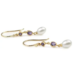 9ct Yellow Gold Amethyst and Pearl Drop Earrings