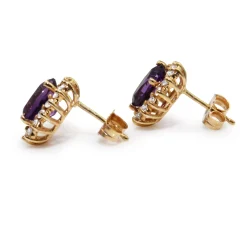 14ct Yellow Gold Amethyst and Diamond Halo Stud Earrings