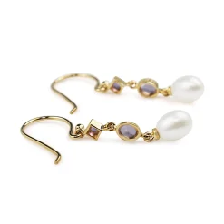 9ct Yellow Gold Amethyst and Pearl Drop Earrings