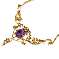 9ct Yellow Gold Amethyst and Pearl Antique Necklace