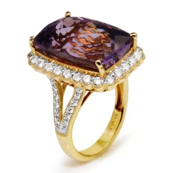 18ct Yellow Gold Amethyst and Diamond Daisy Style Halo Ring