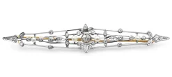 18ct Yellow Gold and Platinum Edwardian Old Cut Diamond and Pearl Bar Brooch