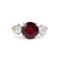 18ct Yellow Gold and Platinum 3 Stone Treated Ruby and Diamond Ring