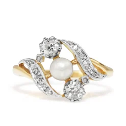 18ct Yellow Gold and Platinum Antique Pearl and Old Cut Diamond Ring