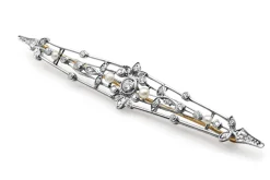 18ct Yellow Gold and Platinum Edwardian Old Cut Diamond and Pearl Bar Brooch