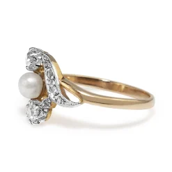 18ct Yellow Gold and Platinum Antique Pearl and Old Cut Diamond Ring