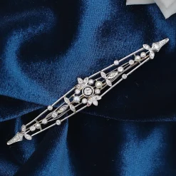 18ct Yellow Gold and Platinum Edwardian Old Cut Diamond and Pearl Bar Brooch