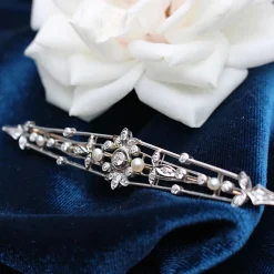 18ct Yellow Gold and Platinum Edwardian Old Cut Diamond and Pearl Bar Brooch