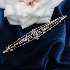 18ct Yellow Gold and Platinum Edwardian Old Cut Diamond and Pearl Bar Brooch