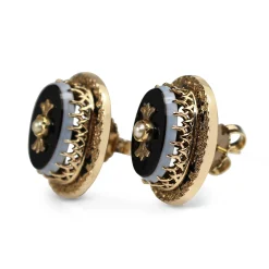 14ct Yellow Gold Antique Agate, Pearl and Enamel Victorian Earrings