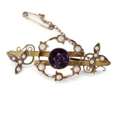 9ct Yellow Gold Antique Amethyst and Pearl Brooch