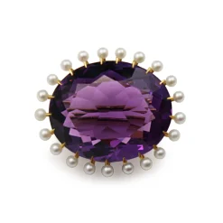 14ct Yellow Gold Antique Amethyst and Pearl Brooch