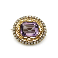15ct Yellow Gold Antique Amethyst and Pearl Brooch