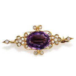 18ct Yellow Gold Antique Amethyst and Old Cut Diamond Brooch