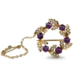 9ct Yellow Gold Antique Amethyst and Pearl Wreath Brooch