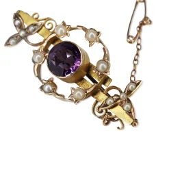 9ct Yellow Gold Antique Amethyst and Pearl Brooch