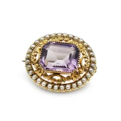 15ct Yellow Gold Antique Amethyst and Pearl Brooch