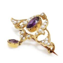 15ct Yellow Gold Antique Amethyst and Seed Pearl Brooch