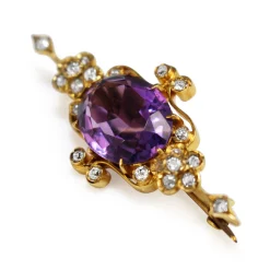 18ct Yellow Gold Antique Amethyst and Old Cut Diamond Brooch