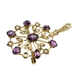 9ct Yellow Gold Antique Amethyst and Pearl Pendant / Brooch