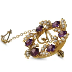 9ct Yellow Gold Antique Amethyst and Pearl Wreath Brooch