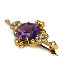 18ct Yellow Gold Antique Amethyst and Old Cut Diamond Brooch
