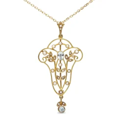 15ct Yellow Gold Antique Aquamarine and Pearl Victorian Necklace