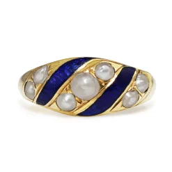 15ct Yellow Gold Antique Blue Enamel and Pearl Ring Circa 1853