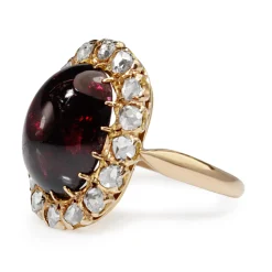 18ct Yellow Gold Antique Cabochon Garnet and Rose Cut Diamond Ring