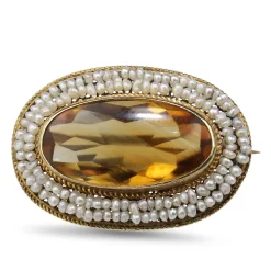 15ct Yellow Gold Antique Citrine and Natural Seed Pearl Brooch