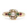 15ct Yellow Gold Antique Emerald, Pearl and Ruby Suffragette Ring