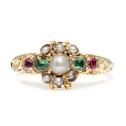 15ct Yellow Gold Antique Emerald, Pearl and Ruby Suffragette Ring