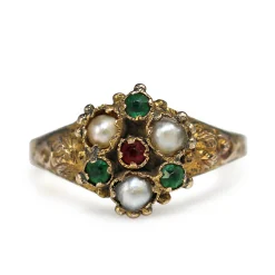 9ct Yellow Gold Antique Emerald, Ruby and Pearl Ring