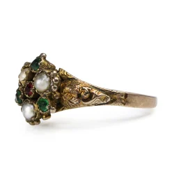 9ct Yellow Gold Antique Emerald, Ruby and Pearl Ring