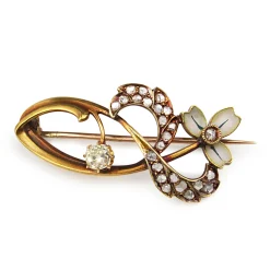 18ct Yellow Gold Antique French Enamel and Old Cut Diamond Brooch