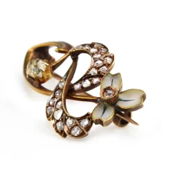 18ct Yellow Gold Antique French Enamel and Old Cut Diamond Brooch