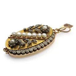 18ct Yellow Gold Antique French Pearl and Rose Cut Diamond Pendant / Locket