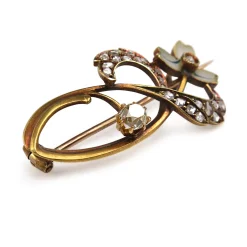 18ct Yellow Gold Antique French Enamel and Old Cut Diamond Brooch