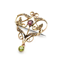 9ct Yellow Gold Antique Garnet, Pearl and Peridot Suffragette Brooch